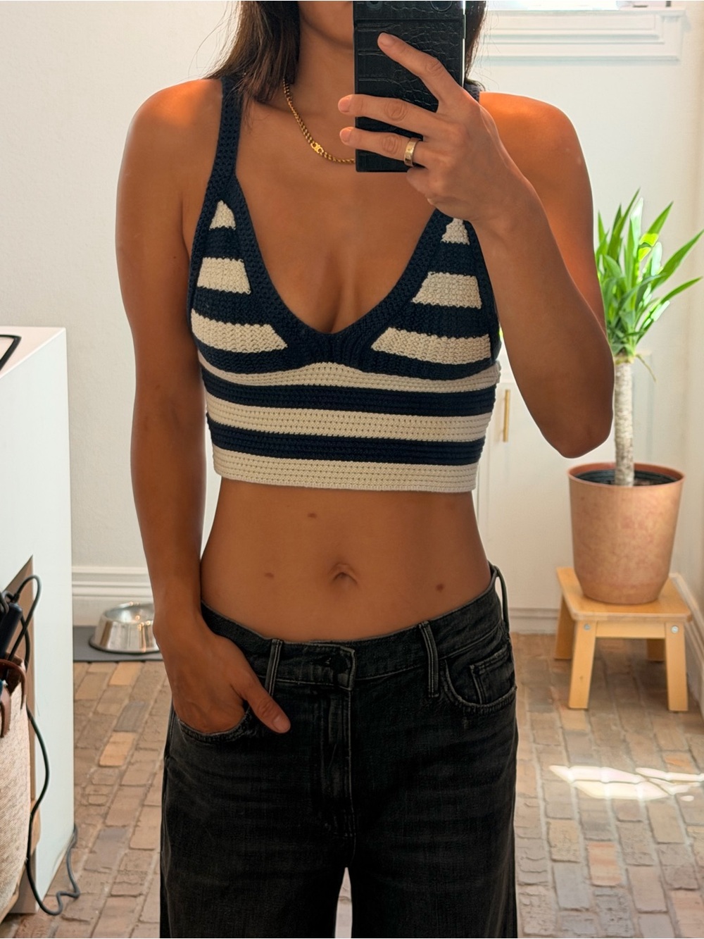 KULE Navy & Cream Striped Knit Cropped Tank
